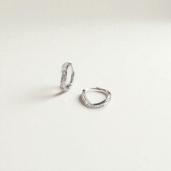 Silver Baguette Curve Huggies - Aurora - Picture 2 of 5